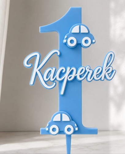 *HIT* Personalizowany Topper na Roczek z imieniem i samochodzikami WARSTWOWY