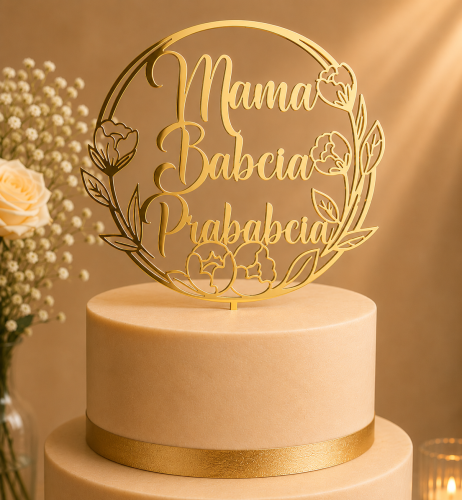 Personalizowany topper na tort z dowolnym napisem w okręgu z motywem kwiatowym