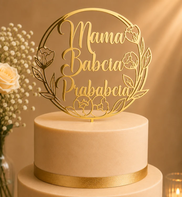 Personalizowany topper na tort z dowolnym napisem w okręgu z motywem kwiatowym