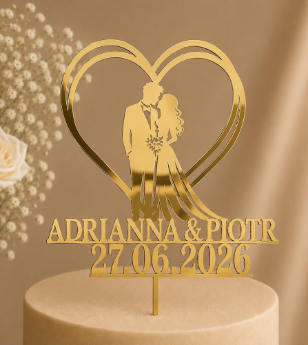 Personalizowany Topper na tort Ślubny Para Młoda w sercu z imionami