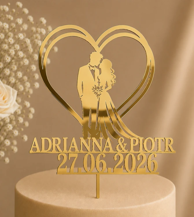 Personalizowany Topper na tort Ślubny Para Młoda w sercu z imionami