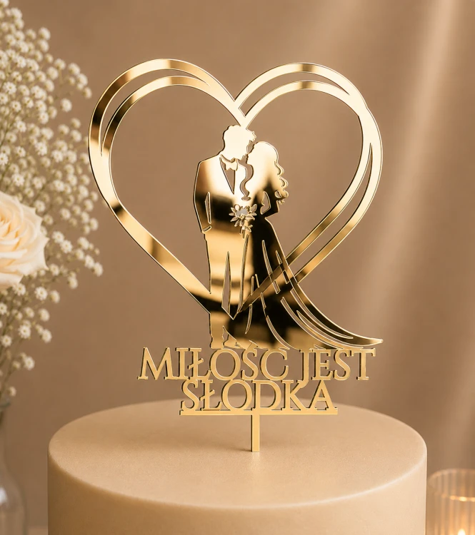 Topper na tort ślubny Para Młoda w sercu Miłość jest Słodka