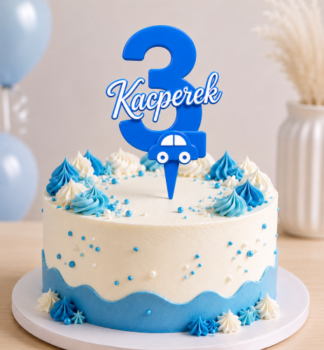 *HIT* Personalizowany Topper cyfra 3 z imieniem i samochodzikami WARSTWOWY