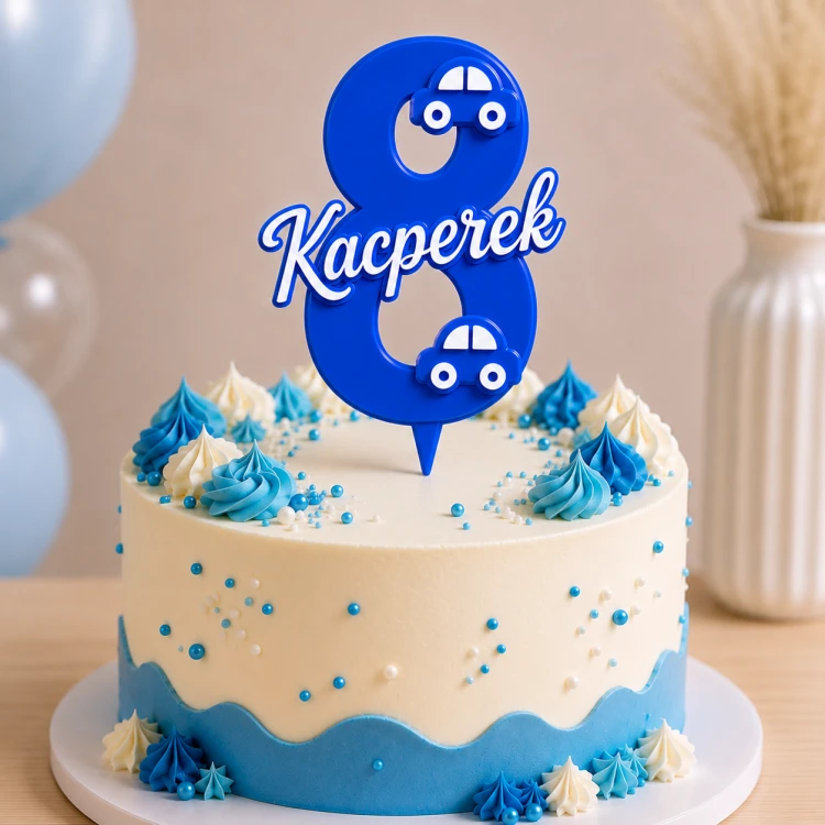 *HIT* Personalizowany Topper cyfra 8 z imieniem i samochodzikami WARSTWOWY