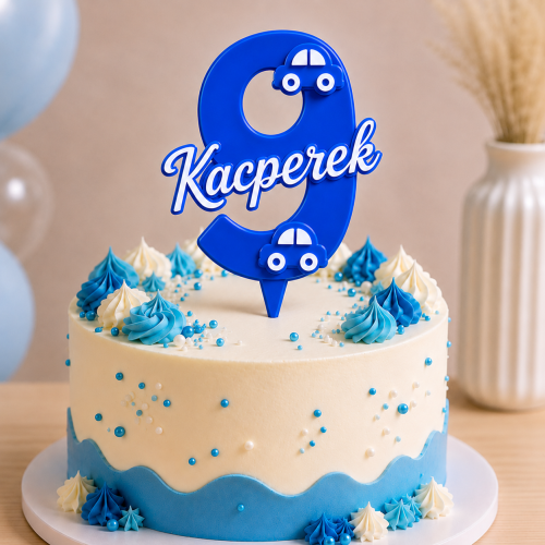 *HIT* Personalizowany Topper cyfra 9 z imieniem i samochodzikami WARSTWOWY