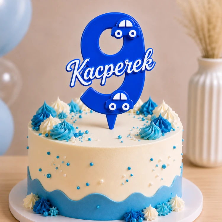 *HIT* Personalizowany Topper cyfra 9 z imieniem i samochodzikami WARSTWOWY