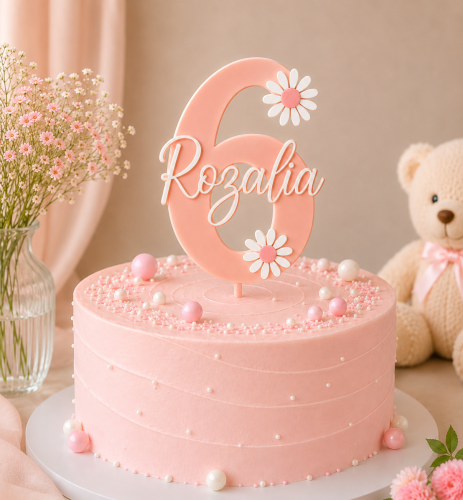 *HIT* Personalizowany Topper na tort cyfra 6 z imieniem i kwiatkami WARSTWOWY