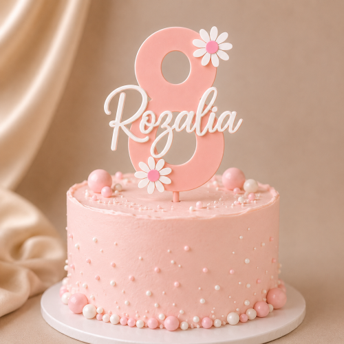 *HIT* Personalizowany Topper na tort cyfra 8 z imieniem i kwiatkami WARSTWOWY