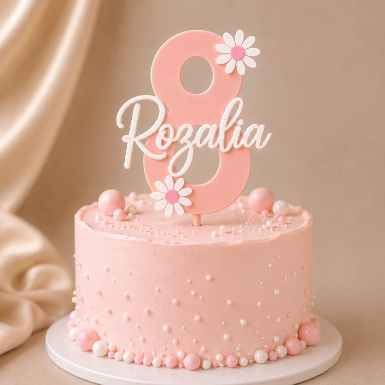 *HIT* Personalizowany Topper na tort cyfra 8 z imieniem i kwiatkami WARSTWOWY