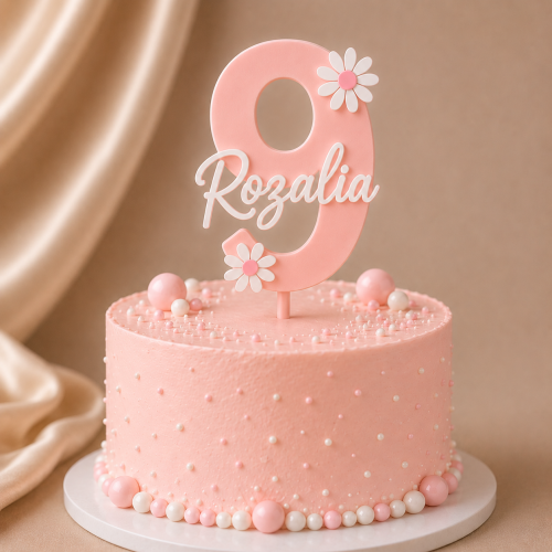 *HIT* Personalizowany Topper na tort cyfra 9 z imieniem i kwiatkami WARSTWOWY