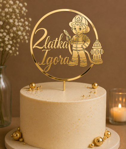 Personalizowany Topper na tort STRAŻAK + dowolna cyfra + imię