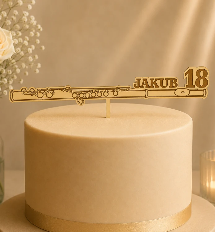 Personalizowany topper na tort Flet z imieniem i z cyfrą